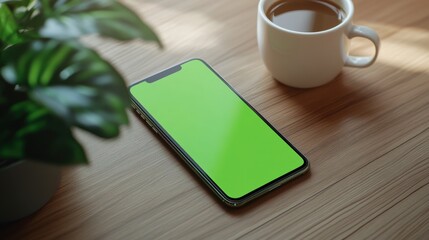 Smartphone with a green screen on a wooden table with a cup of coffee and a lush green plant