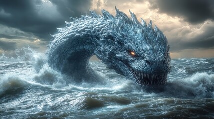 Fototapeta premium A massive sea serpent emerges from turbulent waters under a stormy sky.