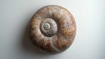 Spiral snail shell on white background, overhead view, soft light