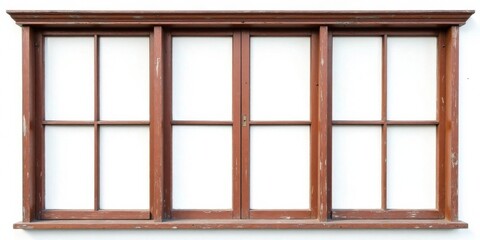 A Rustic Brown Wooden Window Frame with Multiple Panes and Distressed Paint, Ideal for Design Projects and Room Decor