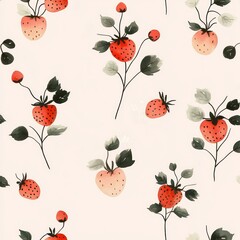 Floral Pattern with Strawberry Plants in Watercolor Soft Pink Background