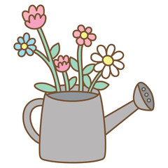 cute kawaii Watering can with flowers outline cartoon doodle illustration