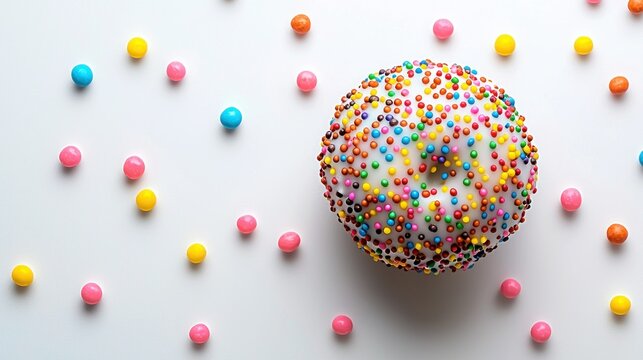 Sprinkled donut on white background with colorful candies, top view, for food blogs