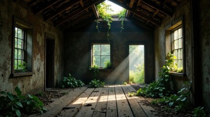 Sunbeams Illuminate a Derelict Building's Interior, Revealing Overgrown Vegetation and Weathered Wooden Floors