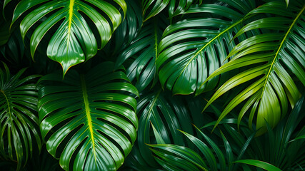 Monstera and palm leaves jungle texture