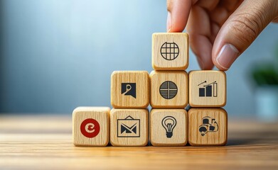 Business Strategy and Growth Icons on Wooden Blocks with Target Symbol Held by Businessman Hand