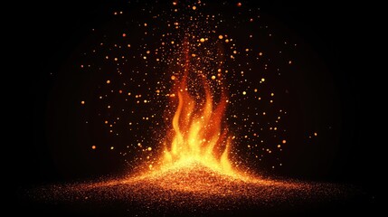 Fiery Inferno: A mesmerizing display of fiery orange flames rising from a bed of glowing embers, with sparks shooting outwards in a captivating dance of heat and light.  