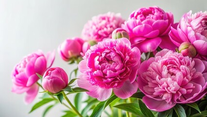 Obraz premium Vibrant pink peonies in full bloom against a soft white background, beautiful pink flowers, spring blossoms