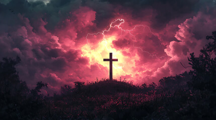 Fototapeta premium A lonely cross on a hill silhouetted by an ominous sky, storm clouds alive with movement, lightning illuminating the scene in flashes, a cinematic and hyperrealistic composition, intense atmosphere0,
