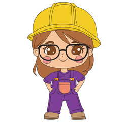 Fototapeta premium Cute Cartoon Girl in Overalls and Hard Hat Female Construction Worker Illustration. Adorable cartoon girl wearing overalls and a hard hat, representing a cheerful and hardworking female worker. 