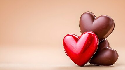 Fototapeta premium Red and Brown Chocolate Hearts on Neutral Background for Valentines