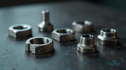Close-up view of various metallic fasteners and connectors arranged on a dark textured surface.