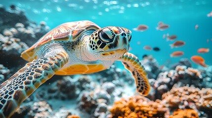 Obraz premium Sea turtle swims coral reef, ocean background; marine wildlife nature stock photo