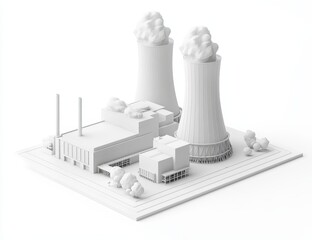 Isometric model of a nuclear power plant with cooling towers and buildings.