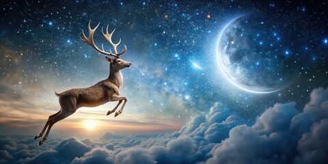 Majestic flying reindeer against a starry night sky with a crescent moon , celestial bodies