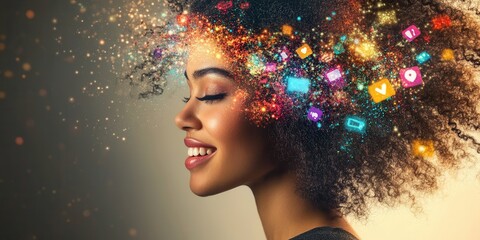 A joyful young woman&rsquo;s face as glowing social media icons and emojis burst upon impact, exploding into colorful digital particles in a dynamic, high-energy moment.