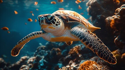 Fototapeta premium Sea turtle swims coral reef ocean wildlife nature