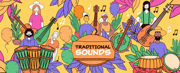 Traditional music celebration with diverse people playing instruments surrounded by colorful leaves and balloons on a vibrant yellow background. Perfect for banners