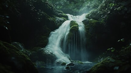 Mossy waterfall cascades in lush forest; tranquil nature scene; serenity backdrop