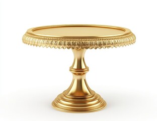 Elegant gold cake stand, round, ornate base, isolated.