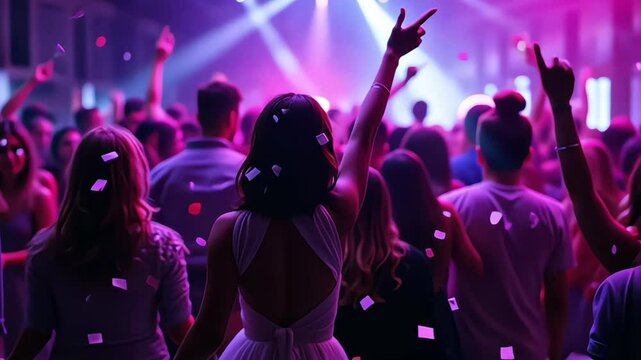 Dynamic scene of people dancing and celebrating at a party or club with confetti in the air and colorful lights in the background