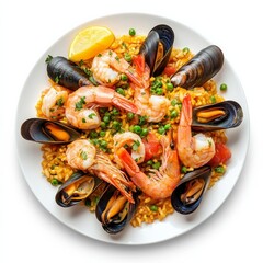 A plate of gourmet seafood paella with shrimp and mussels, isolated white background, hyperrealism art style