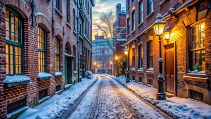 Fototapeta premium Alley in snowy morning with frosty cobblestones and snow-covered buildings