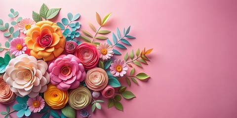 Vibrant floral arrangement on a pastel pink background