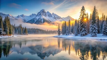 Fototapeta premium Frosty mountain landscape with sunrise over snowy peaks and frozen lake in morning light, surrounded by evergreen trees, misty atmosphere, and soft winter hues, winter peaks, frosty landscape