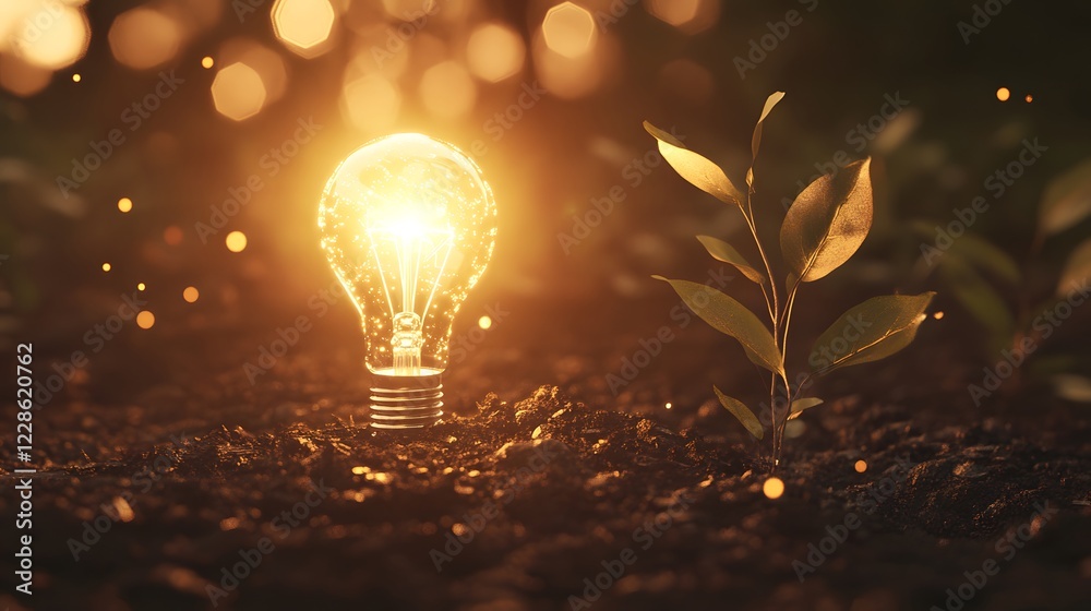 Poster a glowing lightbulb sprouting from the ground symbolizes innovation and growth in a creative setting