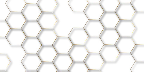 Fototapeta premium Abstract hexagon white background with shadow .golden background Futuristic blue neon honeycombs. Modern technology design. Vector illustration. 