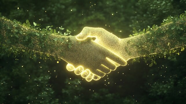A creative image featuring a glowing handshake formed by intertwined tree branches, symbolizing connection and unity.