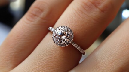 A beautifully designed engagement ring, the diamond shining brightly on a woman's hand