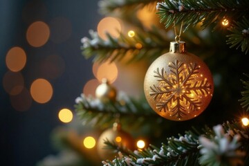 Sparkling lights on the Christmas tree create a magical ambiance around a glittering gold snowflake ornament, golden ornaments, snowy branches, festive atmosphere