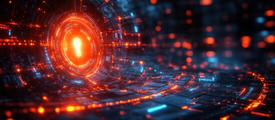 Fototapeta premium Abstract digital technology background with glowing orange and blue circuits and particles.