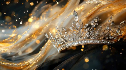 A beauty pageant crown featuring crystal details against a black and gold abstract background, showcasing grandeur