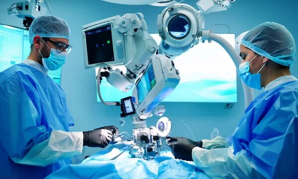 Surgeons performing advanced robotic surgery in a modern operating room with high-tech equipment