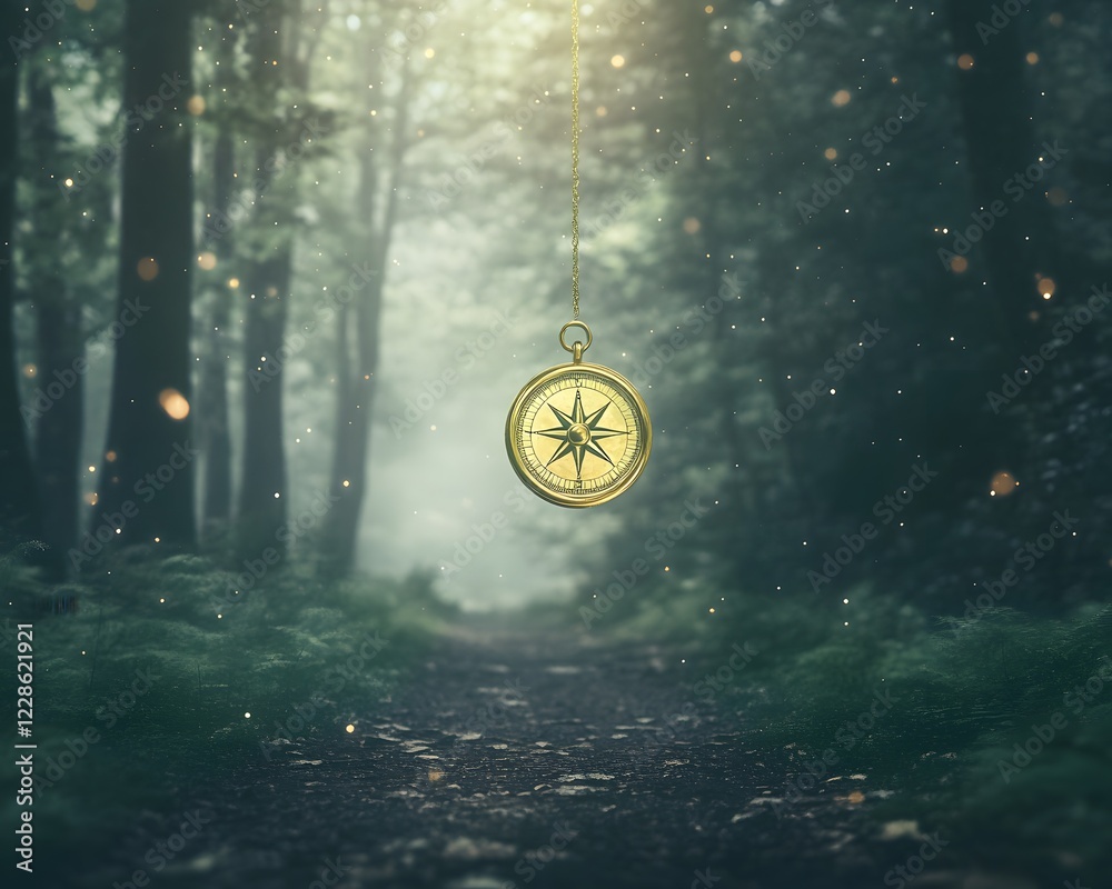 Poster a golden compass hovers over a twisting path, symbolizing adventure and exploration.