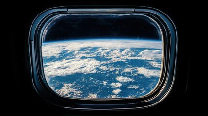 A breathtaking scene of Earth from orbit, clouds swirling over the blue planet framed by a spaceship window