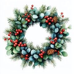 Fototapeta premium Watercolor Christmas Wreath with Pine, Eucalyptus, and Berries for Winter Decor and Greeting Cards