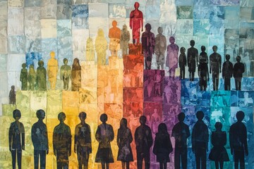 Colorful Array of Silhouetted People in Dynamic Background Design