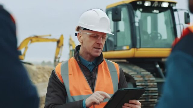 Construction site supervisor showing information on tablet to a colleague