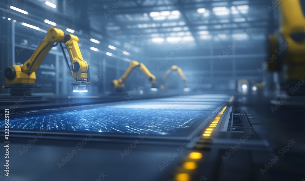 Aufkleber High-tech workspace featuring multiple robotic arms for automation and innovation in a modern environment.