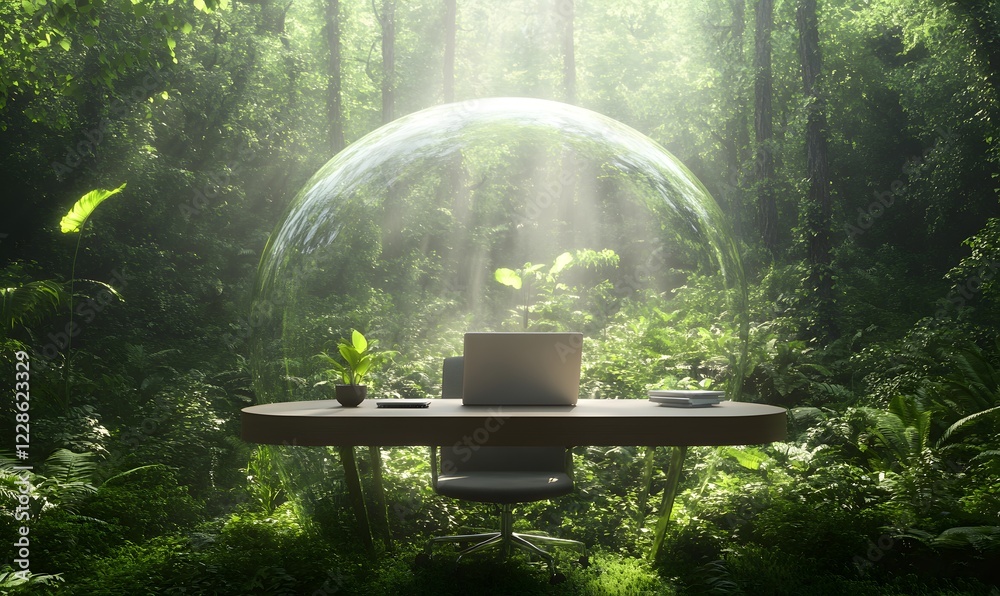 Poster a high-tech minimalist desk design featured in a transparent environment, showcasing modern workspac