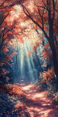 Autumn Path Through Sunlit Forest With Red Leaves