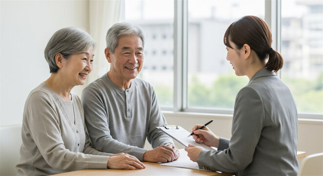 相談する老夫婦　老後　保険　相続