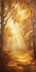 Golden Autumn Sunlight Path Through Woods