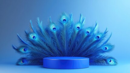 Obraz premium A gleaming blue luxury podium, elegantly positioned on vivid peacock feathers, set against a serene gradient blue background. Perfect for product display.