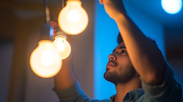 Man Changing Light Bulbs, Home Improvement, Warm Lighting - Powered by Adobe