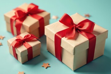 Obraz premium Red ribbon tied gift boxes, eco paper, isolated, kraft, boxes